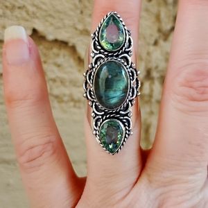 New Huge Labradorite & Tsavorite 925 Silver Statement Ring.